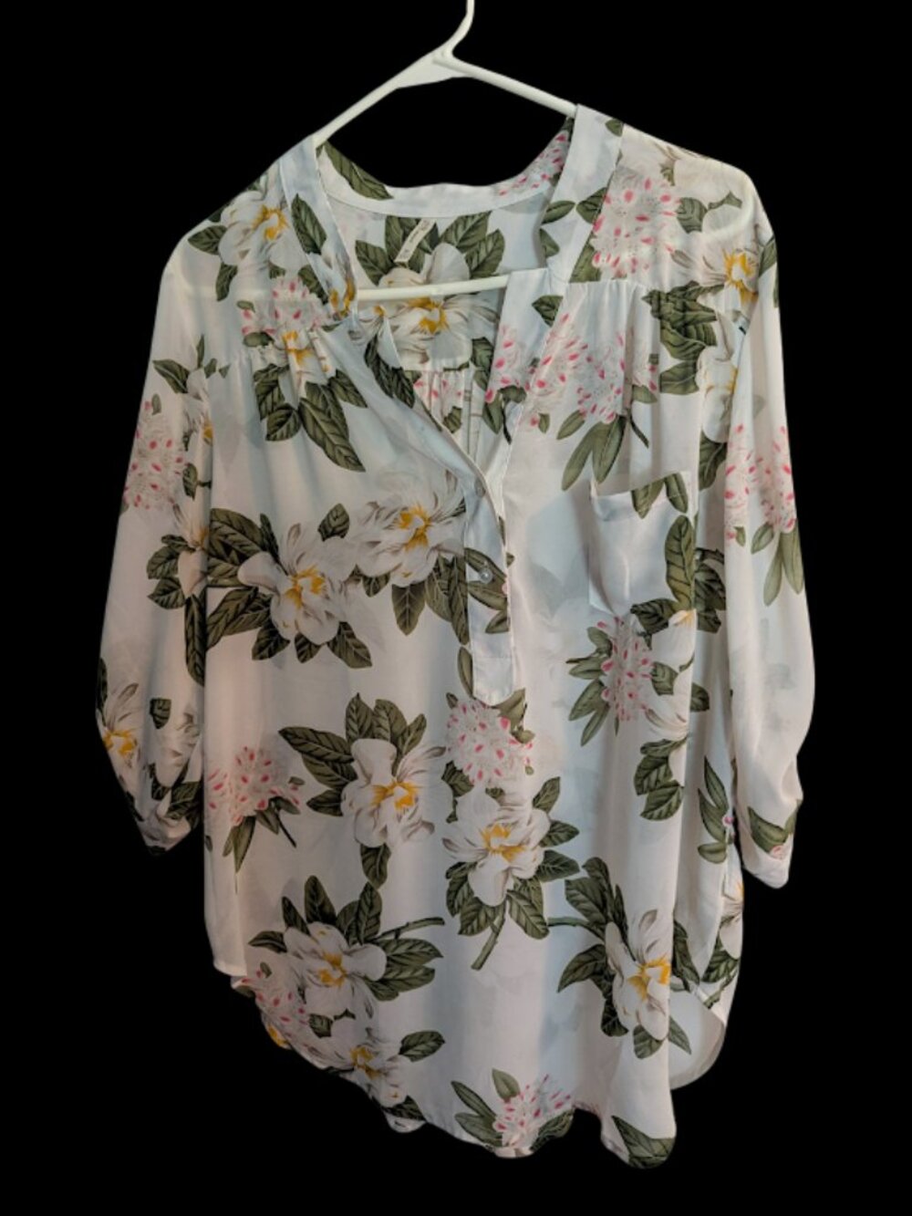 DNA Couture Women's 3X White Floral Blouse Roll Tab Sleeves High Low Tunic